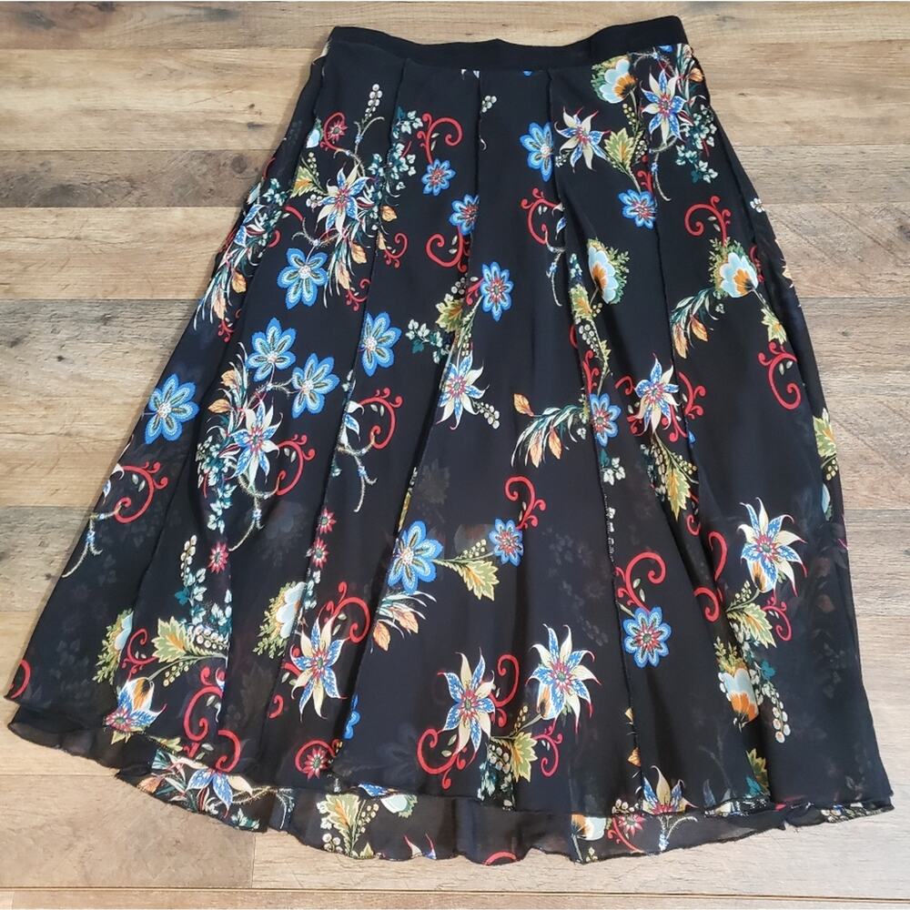 Lapis Floral Pleated Ruffle Midi Sheer Lined‎ Exposed Seaming A-Line Skirt Large